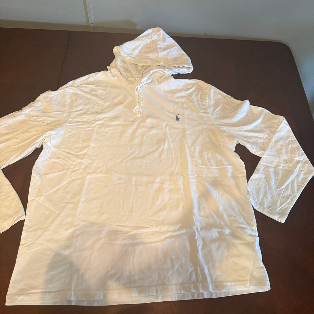 Polo Ralph Lauren Mens XL White Long Sleeve Hooded T-Shirt Navy Pony Logo